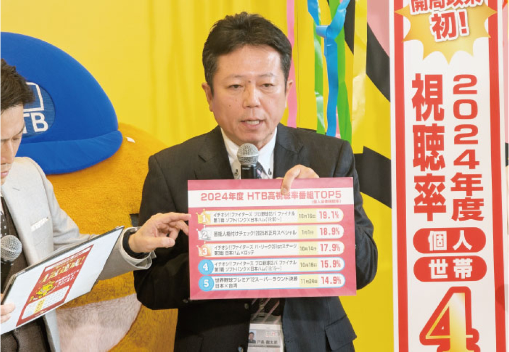 戸島編成局長から高視聴率をあげた番組の紹介があり、HTBの自社制作番組が好調だったことが発表された。