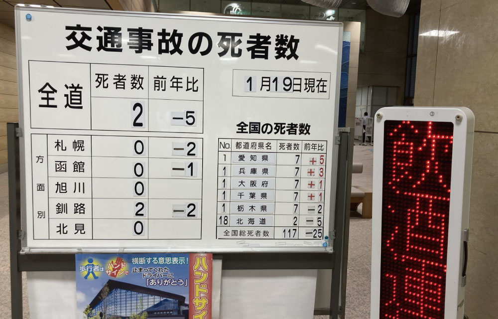 道内の交通事故の死者数を知らせるボード＝ 2026年１月19日、札幌市内
